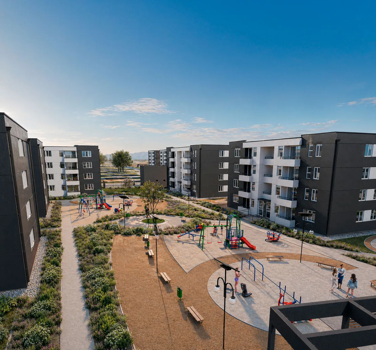 Edificios de Parque Poniente 5 alrededor de un área verde con juegos y senderos